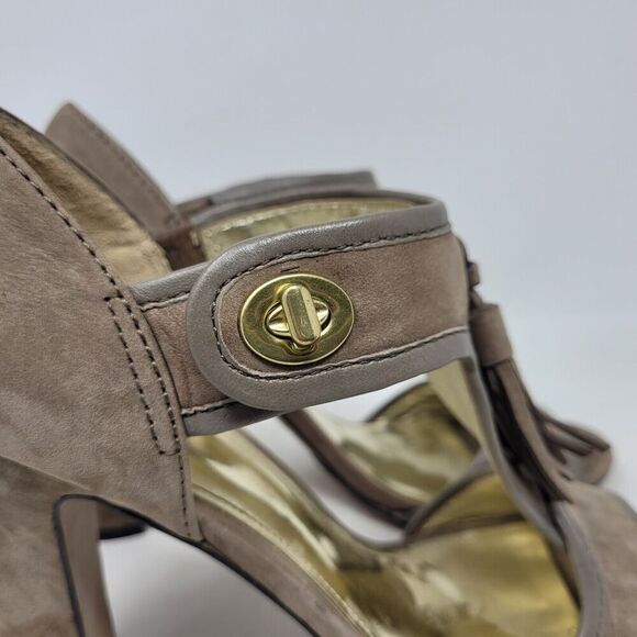 Coach Shoes Womens 9 Taupe Gray Suede Tristen Heels Tassel Sandals Turnlock - Picture 7 of 10